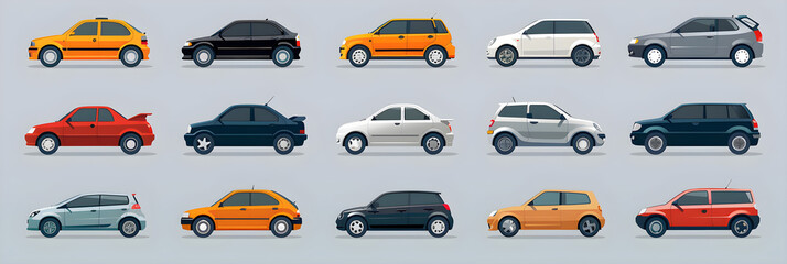 Diverse Collection of Hatchback Car Icons in Various Design Styles for Automotive Use