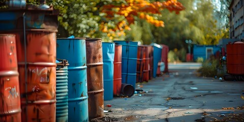 Barrels at hazardous waste disposal site show improper handling of toxic materials. Concept Environmental damage, Hazardous waste, Improper disposal, Pollution, Contamination