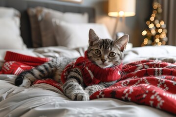 Tabby Kitten Wearing Red Christmas Sweater on Bed