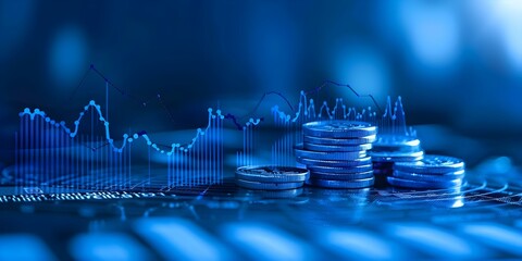 Blue 3D coin background with finance graph and bar showcasing market success. Concept Finance, 3D coins, Market success, Bar graph, Blue background