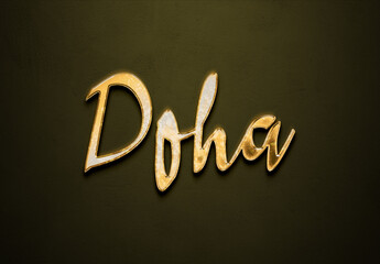 Old gold text effect of name Doha with 3D glossy style Mockup.