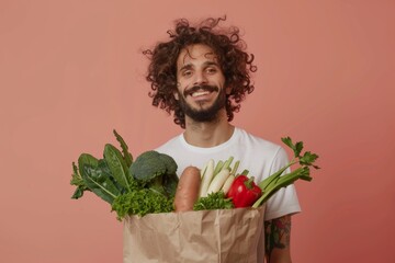 hipster vegan bearded guy in white t shirt smiling and holding carton paper bag with green fresh vegetables standing on minimal peach fuzz background with copy space left