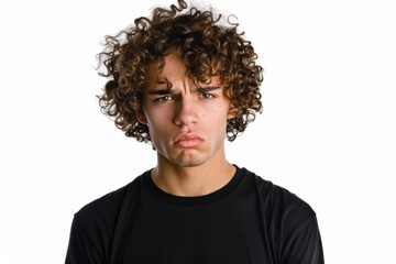 Fototapeta premium diverse millennial or gen z guy with curly hair looking irritated wearing black t-shirt isolated on white mock up template