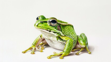 Obraz premium A vibrant watercolor painting depicting a lively green frog against a clean white backdrop all skillfully created by hand