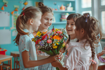 Obraz premium In the image, a group of children is joyfully holding a vibrant bouquet of flowers, their faces lit up with laughter and delight. 