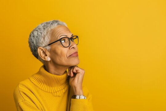 diverse senior woman wearing glasses being unsure and puzzled on mustard yellow background. Banking services, optics salon poster.