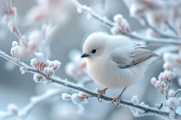 Fototapeta premium Little cute fluffy white bird in hoarfrost on a branch under the snow in the Christmas park. Bird as a symbol of Christmas and New Yearhigh