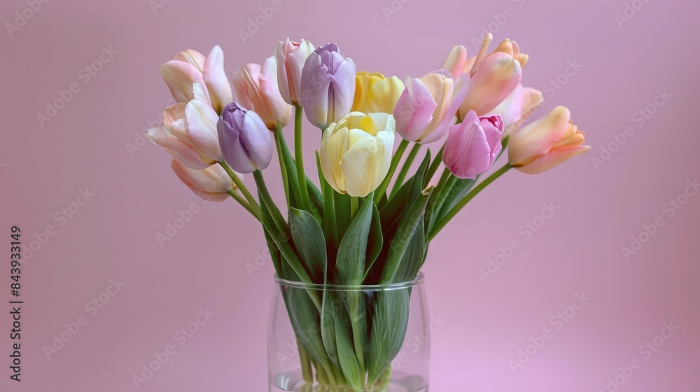 Wall mural a vibrant bouquet of tulips in various colors including red, yellow, pink, and white, arranged in a 