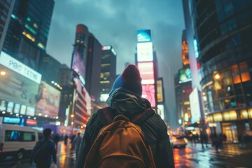 tourist or solo traveler person from behind with backpack traveling the world - standing on the street of big city at night with neon lights