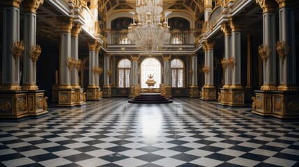 Fototapeta premium Majestic Grandeur Of A Baroque Palace With Gilded Columns And Chandeliers. Generative AI