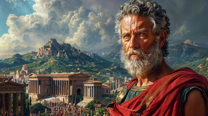 Man in ancient Greek town in background