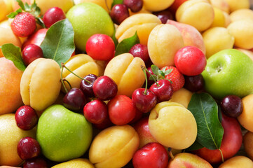fresh fruits as background, top view