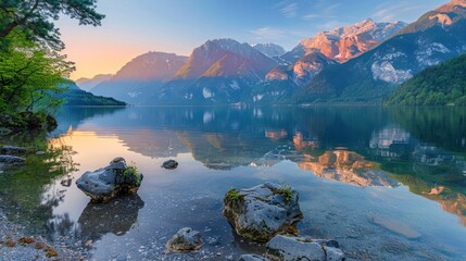 Serene Mountain Sunset Over Reflective Lake Peaks