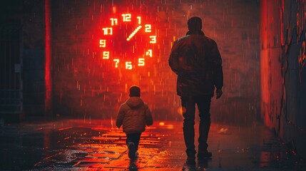 Emotional shot capturing a father guiding his child's steps while walking past a red digital clock against a dark background, with a shining light symbolizing hope, warmth, and the preciousness of