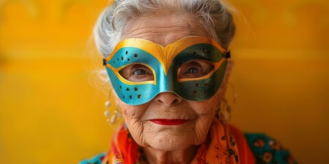 Elderly woman in colorful carnival mask against bright background with text space. Concept Elderly Woman, Carnival Mask, Colorful Background, Text Space, Bright Contrast