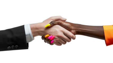 Multiethnic young women shake hands meeting together, they show business friend team harmony, have positive expressions agreement. Business no limit racism unity concept. white background isolated