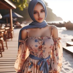 Beautiful young adult woman standing wearing nice playsuit clothes, hair, hat