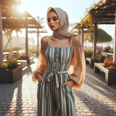 Beautiful young adult woman standing wearing nice playsuit clothes, hair, hat.