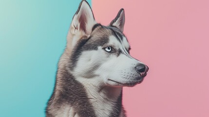 A photograph of a future portrait of a husky, where the neural network automatically adds art effects emphasizing its energetic and playful character, against a contrasting colored background. --no