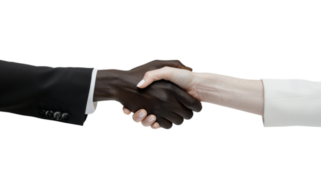 Interracial Business Handshake on White Background, A professional interracial handshake between two businesspeople wearing black and white sleeves, symbolizing diversity and partnership.