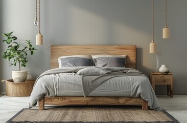 Modern Bedroom Interior With Wooden Bed and Hanging Lamps