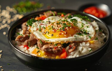 Close Up of a Black Bowl Filled With a Savory Beef and Rice Dish Topped With a Fried Egg and Greens
