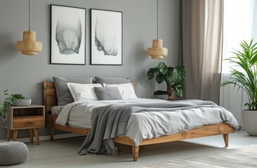 Fototapeta premium Modern Bedroom Interior With Wooden Bed and Hanging Lamps
