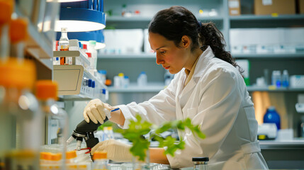 Obraz premium Medical Research Laboratory: Portrait of a Beautiful Female Scientist in Goggles Using Micro Pipette for Test Analysis. Advanced Scientific Lab for Medicine, Biotechnology, Microbiology Development