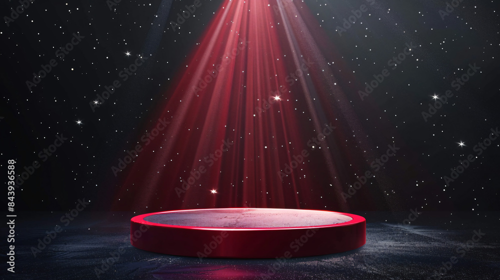Aufkleber Red illuminated empty stage with a cosmic starry sky backdrop, ideal for product display