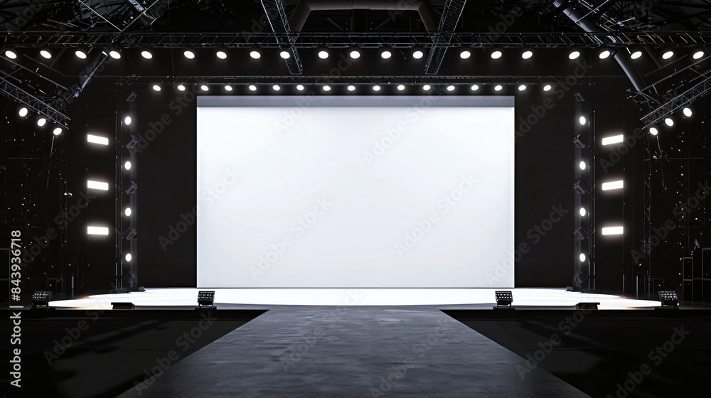 Poster Professional stage setup with an empty white screen and dynamic stage lighting