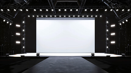 Professional stage setup with an empty white screen and dynamic stage lighting
