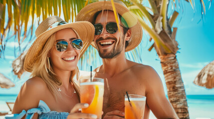 Young couple in love, enjoying the tropical cocktails on the beach. Summer vacation, honey moon, travel, tropical hotel resort. Happy man and woman in sunglasses under the palm at beach bar, close up