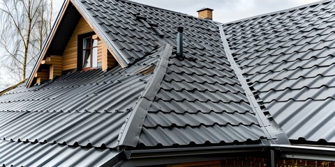 Closeup of metal roof tiles on a house. Concept Home Improvement, Architecture, Metal Roofing, Exterior Design, Construction