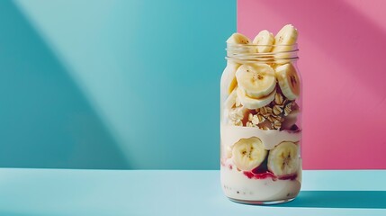 Breakfast banana split in jar on pnk and blue background