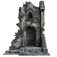 Detailed illustration of an old, weathered castle facade with gothic elements, isolated on transparent