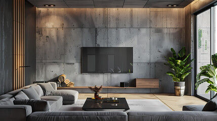 Gray sofa near wooden paneling wall and tv unit. Loft interior design of modern living room with concrete wall