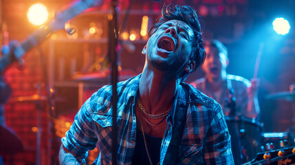 Fototapeta premium Singer performing at club or bar really hitting the high note