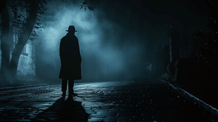 Obraz premium A mysterious American man wearing a long trench coat in the fog. Noire detective. Economic Transformation era.