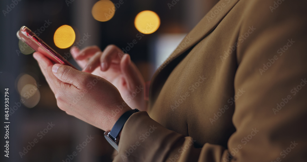 Poster Hands, business and office with check for phone, online message or email notification at night. Male programmer, mobile tech and digital conversation on social media, smile for like with code story
