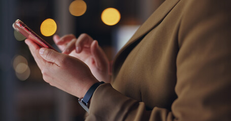 Hands, business and office with check for phone, online message or email notification at night. Male programmer, mobile tech and digital conversation on social media, smile for like with code story