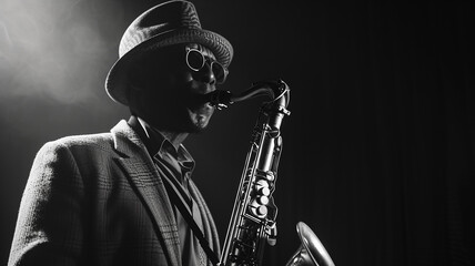 A man in a strict dark suit plays the saxophone. Black and white tinted photo.