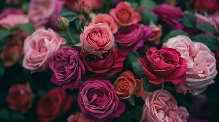 Rich, romantic, and lush, showcasing a close-up of fully bloomed roses in deep shades of magenta, pink, and burgundy