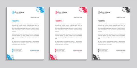 Simple corporate modern letterhead design template set of three with various colors. creative abstract letterhead design bundle for your business.