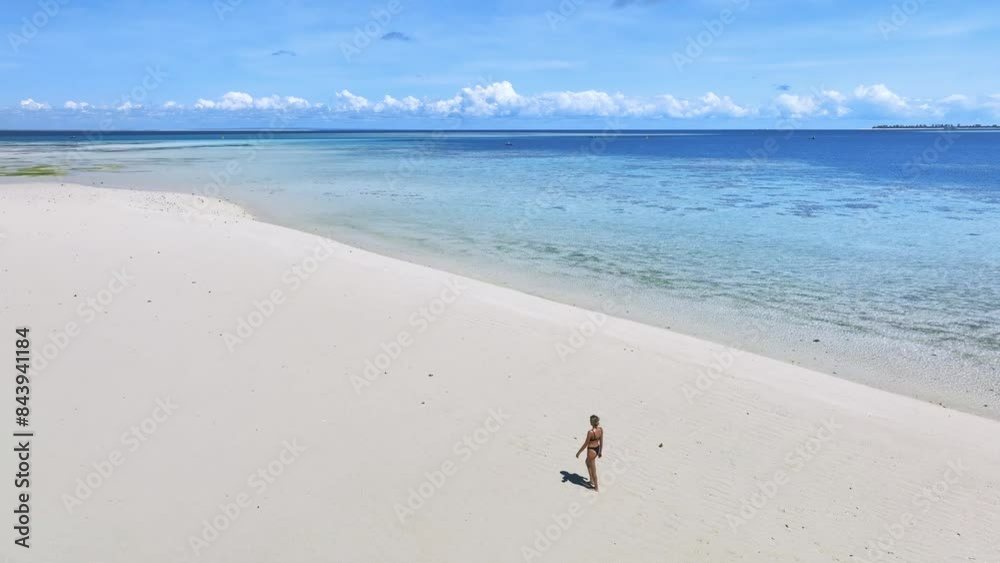 Wall mural aerial view of walking beautiful young woman on the sandbank in ocean, white sandy beach, blue sea,  - Wall murals