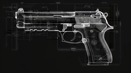 Detailed Blueprint Illustration of a Handgun With Engineering Lines
