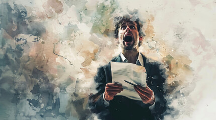Astonished man holding document, blurred background
