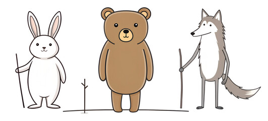 Obraz premium Collection set of cute and kind forest animals: hare, bear and wolf. Idea for printing t-shirts, baby envelopes, posters, cards, children's books. Hand drawing on transparent background.