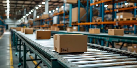 Fototapeta premium Smooth movement of cardboard packages in lively warehouse for efficient fulfillment. Concept Efficient Fulfillment, Warehouse Operations, Automated Movement, Logistics Optimization