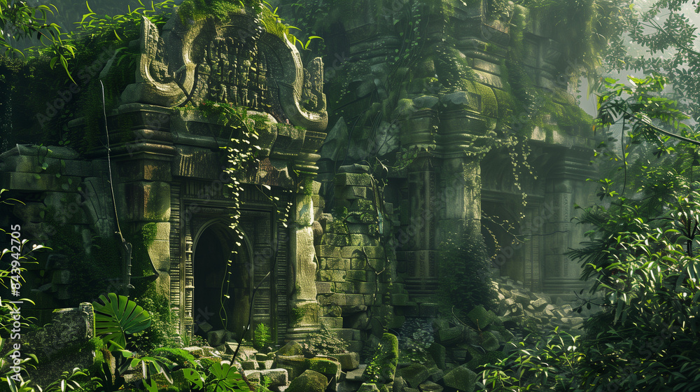 Wall mural Ancient stone ruins overgrown with vines and moss, hidden deep in a dense jungle, with wildlife and exotic birds. A sense of mystery and exploration. Realistic photography style - Wall murals