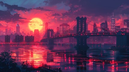 Sunset Glow Over Urban Bridge and Skyline - A picturesque sunset casts a pink hue over a serene city skyline